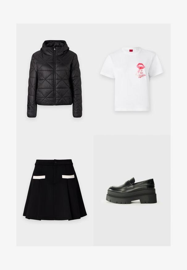 Crna jakna s kapuljačom, quilted, s prednjim patentnim zatvaračem i mekim, glatkim teksturom. Dijamantni uzorak po tkanini.; Bijela pamučna majica kratkih rukava s printom ružičaste usne i grafikom ruža za usne, uz tekst "La Nuit Devious."; Crna suknja s lepršavim dizajnom, koja ima dva prednja džepa s bijelim naglascima, zatvaranje na dugme i glatku teksturu tkanine.; Crne kožne mokasine s debelim platformom. Zaobljen vrh, detalj s prednjim šavom i suptilni akcenti šivanja. Ravni, teksturirani potplat.