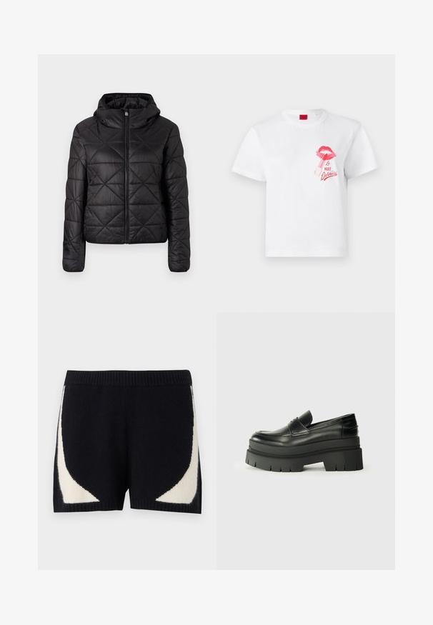 Chaqueta acolchada negra con capucha, que cuenta con una cremallera frontal y una textura suave y lisa. Patrón de diamante en toda la tela.; Camiseta de algodón blanca con mangas cortas, que presenta una impresión de labios rosas y un gráfico de lápiz labial, junto con el texto "La Nuit Devious."; Pantalones cortos de punto en negro con patrones geométricos en crema contrastantes a los lados. Presentan una cintura acanalada y una textura suave.; Mocasines de cuero negro con suela de plataforma contundente. Punta redondeada, detalle de costura en la parte delantera y sutiles acentos de costura. Suela plana y texturizada.