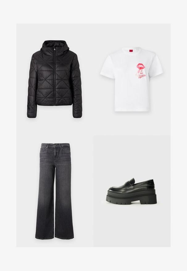 Črn podložen plašč s kapuco, ki ima sprednji zadrgo in mehko, gladko teksturo. Diamantni vzorec po celotni tkanini.; Bela bomba majica s kratkimi rokavi, z rožnato ustnico in grafiko šminke, skupaj z besedilom "La Nuit Devious."; Široke temno sive denim hlače z rahlim bledenjem, z gumbom za zapiranje, petimi žepi in ravnim robom na gležnju.; Črne usnjene loafer čevlje s debelim platformastim podplatom. Okrogla oblika, detajl na sprednji šivi in subtilni šivi. Raven, teksturiran podplat.