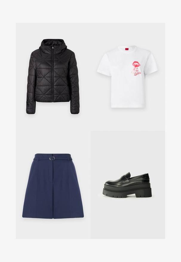 Fekete steppelt dzseki kapucnival, elülső cipzárral és puha, sima textúrával. Gyémántmintázat a szöveten.; Fehér pamut póló rövid ujjakkal, rózsaszín ajaknyomattal és rúzs grafikával, az "La Nuit Devious" felirattal.; Sötétkék, fazonra szabott rövidnadrág övvel, övhurkokkal, pliszé részletekkel és sima szövött textúrával. Szabványos, egyenes szabás.; Fekete bőrcipők vastag platform talppal. Lekerekített orr, elülső varrás részletek és finom varrási díszítések. Lapos, texturált talp.