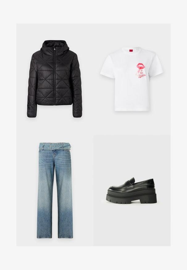 Juodas siuvinėtas švarkas su kapišonu, turintis priekinį užtrauktuką ir minkštą, glotnų tekstūrą. Audinyje matomas deimanto raštas.; Balta medvilnės marškinėliai su trumpomis rankovėmis, dekoruoti rožine lūpų atspaudą ir lūpdažio grafika, taip pat tekstu "La Nuit Devious."; Šviesiai mėlynos džinsinės kelnės su plačiu kojų dizainu, turinčios derančią diržą juosmenyje ir palaipsniui šviesėjančias nuo tamsios iki šviesios.; Juodos odinės loafers tipo bateliai su masyviu platformos padu. Suapvalintas pirštas, priekinė siuvimo detalė ir subtilūs siuvinėjimo akcentai. Lygus, tekstūruotas padas.