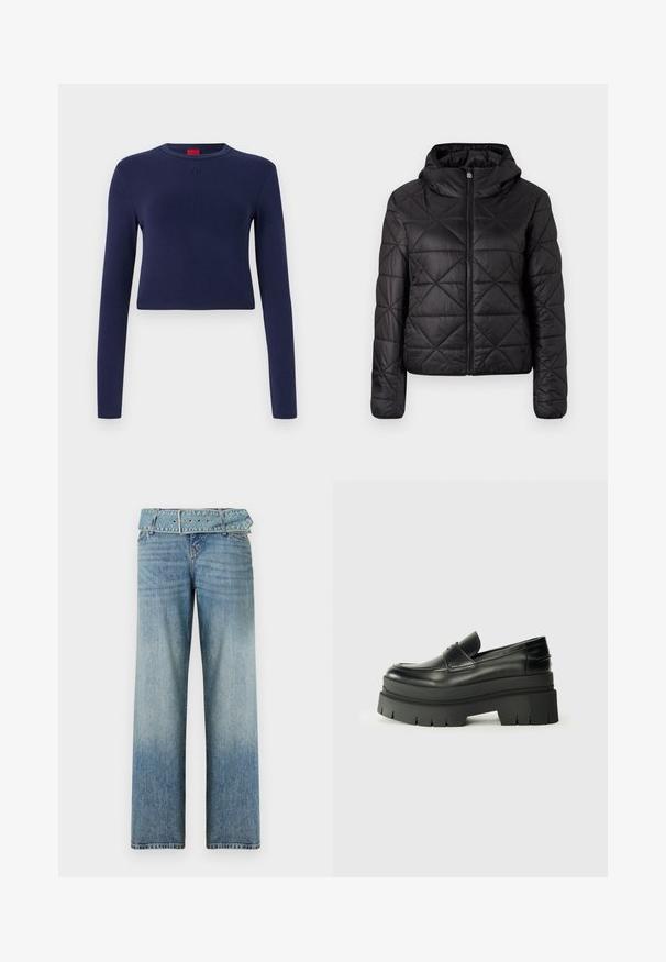 Jachetă neagră matlasată cu glugă, cu fermoar frontal și o textură moale și netedă. Model cu diamante pe întreaga țesătură.; Top scurt cu mânecă lungă de culoare bleumarin, realizat dintr-un material moale, având un guler rotund și un logo embossat pe piept.; Jeans din denim albastru deschis cu un design tip wide-leg, având o talie accentuată cu curea asortată și o decolorare graduală de la închis la deschis.; Loafers din piele neagră cu o talpă platformă masivă. Vârf rotunjit, detalii cu cusătura frontală și accente subtile de broderie. Talpă plată, texturată.