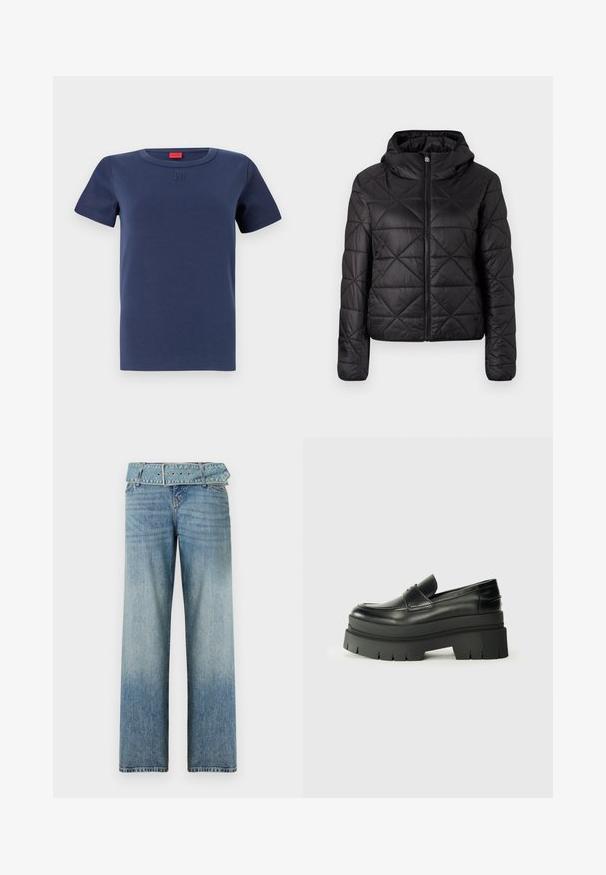 Sort quilted jakke med hætte, der har en frontlynlås og en blød, glat tekstur. Diamantmønster over stoffet.; Navyblå bomulds T-shirt med rund halsudskæring, korte ærmer og et præget logo på brystet. Glat tekstur, klassisk pasform.; Lyseblå denim jeans med et vidde-ben design, der har en matchende bælte-linning og en gradvis falmning fra mørk til lys.; Sorte læder loafers med en kraftig platformsål. Rund tå, forkant-søm detalje og subtile syninger. Flad, struktureret ydersål.