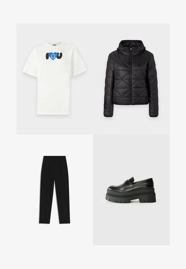 Black quilted jacket with a hood, featuring a front zipper and a soft, smooth texture. Diamond pattern across the fabric.; White cotton t-shirt featuring a blue heart with the text "HUGO" above and "U" below in black, short sleeves, and a relaxed fit.; Black trousers with a straight fit, featuring double pleats, a smooth texture, and a classic waistband design. No visible hardware or accents.; Black leather loafers with a chunky platform sole. Rounded toe, front seam detail, and subtle stitching accents. Flat, textured outsole.