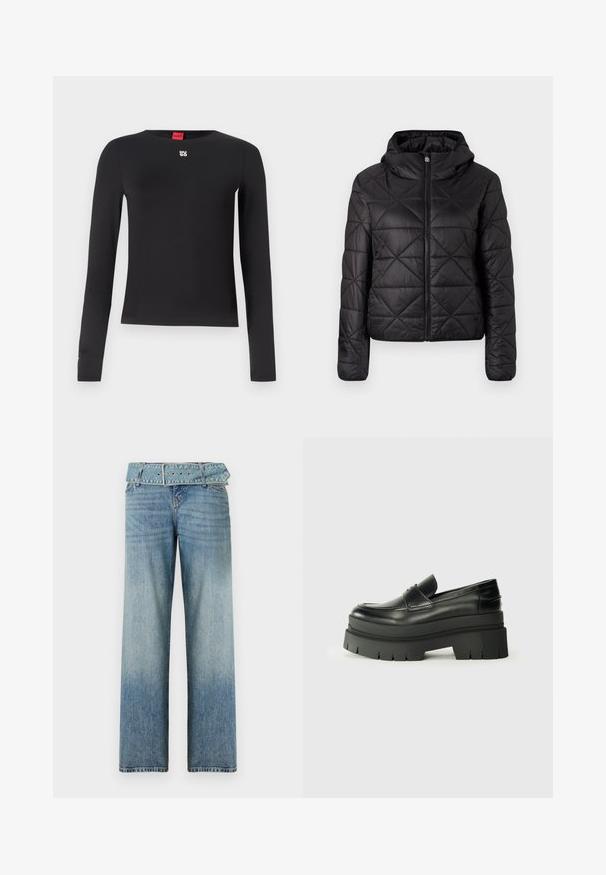 Musta tikkikangas takki hupulla, jossa on edessä vetoketju ja pehmeä, sileä pinta. Timanttikuosi kankaan pinnalla.; Musta pitkähihaisuus paita, joka on valmistettu sileästä kankaasta. Siinä on pyöreä kaula-aukko ja pieni hopeanvärinen logo rinnassa. Minimalistinen muotoilu.; Vaaleansiniset farkut, joissa on leveä lahje, vyötäröllä on samasta kankaasta valmistettu vyö, ja värin vaalennus tummasta vaaleaksi tapahtuu vähitellen.; Musta nahkakengät, joissa on muhkea pohja. Pyöristetty kärki, etusauman yksityiskohtia ja hienovaraisia ompeluaksentteja. Littee, kuvioitu ulkopohja.