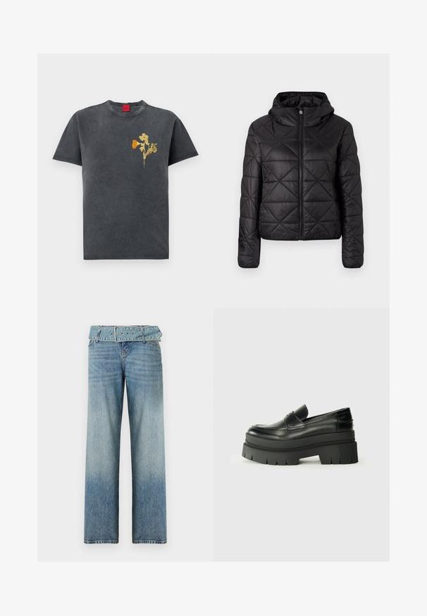 Juodas siuvinėtas švarkas su kapišonu, turintis priekinį užtrauktuką ir minkštą, glotnų tekstūrą. Audinyje matomas deimanto raštas.; Pilkas medvilninis marškinėliai su apvaliu kaklu, trumpomis rankovėmis, išsiskiriantys geltonos ir oranžinės spalvos gėlių raštu kairėje pusėje.; Šviesiai mėlynos džinsinės kelnės su plačiu kojų dizainu, turinčios derančią diržą juosmenyje ir palaipsniui šviesėjančias nuo tamsios iki šviesios.; Juodos odinės loafers tipo bateliai su masyviu platformos padu. Suapvalintas pirštas, priekinė siuvimo detalė ir subtilūs siuvinėjimo akcentai. Lygus, tekstūruotas padas.