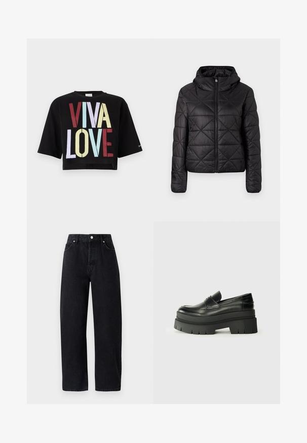 Svart quilted jakke med hette, med frontglidelås og en myk, jevn tekstur. Diamantmønster over stoffet.; Svart cropped t-skjorte med bold "VIVA LOVE" grafikk i rød, gul, blå og lys lilla tekst. Korte ermer og rund hals.; Høyt liv, rette ben svart denim jeans med fem lommer, metallnitter og ton-i-ton søm. Glatt tekstur, minimalistisk design.; Svarte skinnloafers med en kraftig plattformsåle. Rund tå, fremre sømdetalj og subtile sømdetaljer. Flat, teksturert yttersåle.