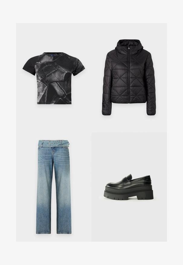 Črn podložen plašč s kapuco, ki ima sprednji zadrgo in mehko, gladko teksturo. Diamantni vzorec po celotni tkanini.; Črna majica s kratkimi rokavi, ki ima velik denimski potisk z žepi in šivi, izdelana iz mešanice bombaža z teksturiranim zaključkom.; Svijetloplave traperice širokog kroja, s odgovarajućim remenom u struku i postepenim izblijeđenjem od tamne do svijetle boje.; Črne usnjene loafer čevlje s debelim platformastim podplatom. Okrogla oblika, detajl na sprednji šivi in subtilni šivi. Raven, teksturiran podplat.