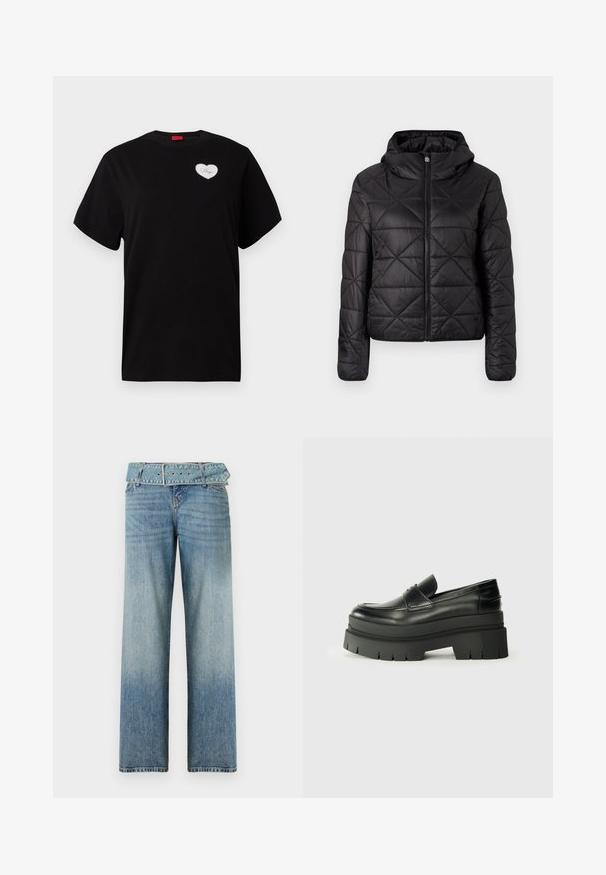 Black quilted jacket with a hood, featuring a front zipper and a soft, smooth texture. Diamond pattern across the fabric.; Black short-sleeve t-shirt made from cotton. Features a heart-shaped white patch with "Hugo" in a script font on the left chest area.; Light blue denim jeans with a wide-leg design, featuring a matching belted waist and a gradual fade from dark to light.; Black leather loafers with a chunky platform sole. Rounded toe, front seam detail, and subtle stitching accents. Flat, textured outsole.
