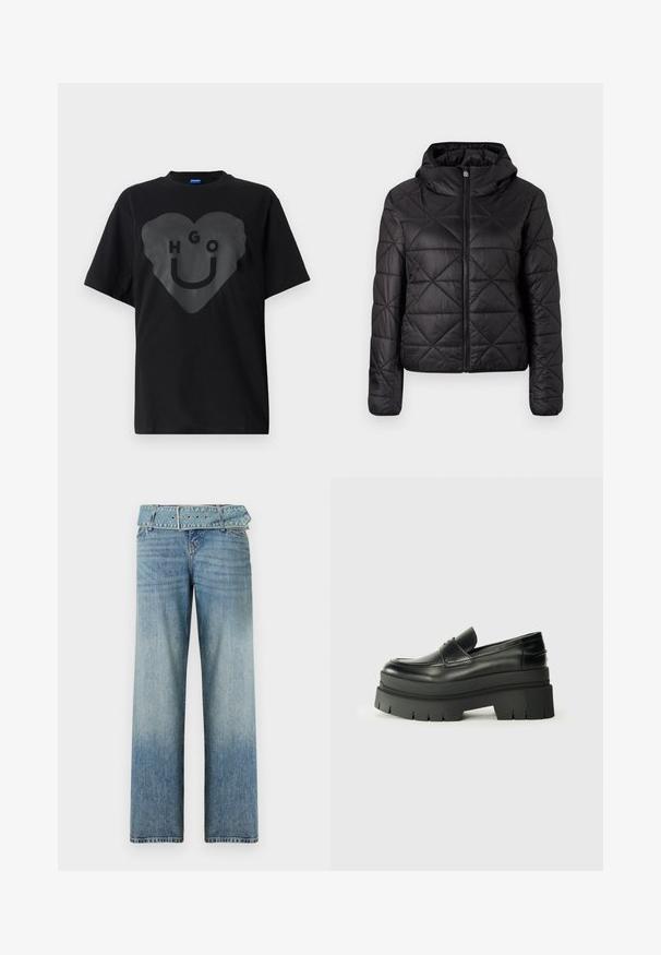 Crna jakna s kapuljačom, quilted, s prednjim patentnim zatvaračem i mekim, glatkim teksturom. Dijamantni uzorak po tkanini.; Crna majica, oversized kroja, s velikim grafičkim motivom srca na prednjoj strani, koji sadrži tekst "HGO" i smajli u sjajnom završnom sloju.; Svijetloplave traperice širokog kroja, s remenom u istoj boji i postepenim izblijeđenjem od tamne do svijetle nijanse.; Crne kožne mokasine s debelim platformom. Zaobljen vrh, detalj s prednjim šavom i suptilni akcenti šivanja. Ravni, teksturirani potplat.