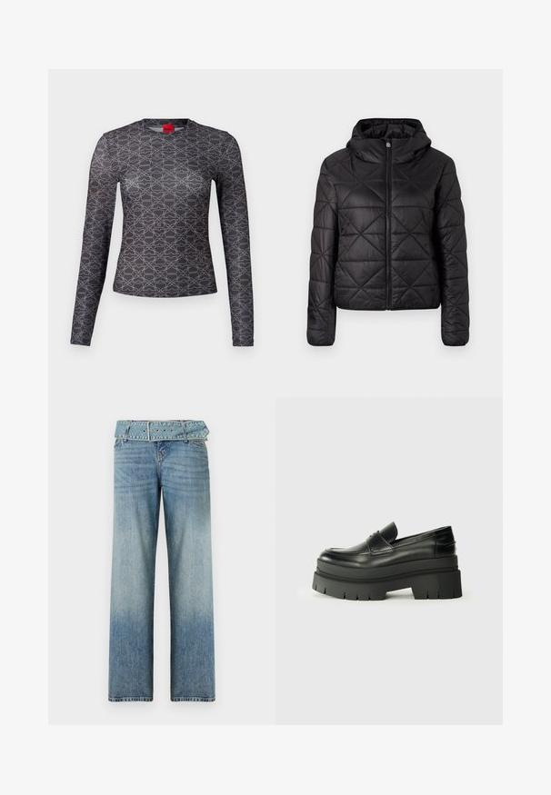 Black quilted jacket with a hood, featuring a front zipper and a soft, smooth texture. Diamond pattern across the fabric.; Long-sleeve shirt in black and gray with a geometric pattern. Features a crew neck and logo detail on the front and back. Smooth texture.; Light blue denim jeans with a wide-leg design, featuring a matching belted waist and a gradual fade from dark to light.; Black leather loafers with a chunky platform sole. Rounded toe, front seam detail, and subtle stitching accents. Flat, textured outsole.