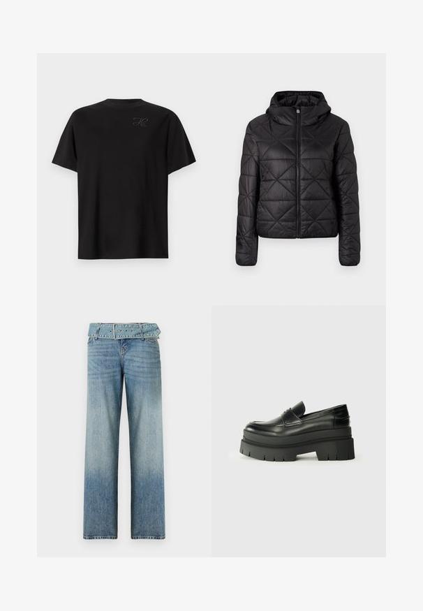 Črn podložen plašč s kapuco, ki ima sprednji zadrgo in mehko, gladko teksturo. Diamantni vzorec po celotni tkanini.; Črna bombažna majica, krojena s krožnim izrezom, kratkimi rokavi, z majhnim, toniranim logotipom na zgornji levici. Gladka tekstura.; Svijetloplave traperice širokog kroja, s odgovarajućim remenom u struku i postepenim izblijeđenjem od tamne do svijetle boje.; Črne usnjene loafer čevlje s debelim platformastim podplatom. Okrogla oblika, detajl na sprednji šivi in subtilni šivi. Raven, teksturiran podplat.