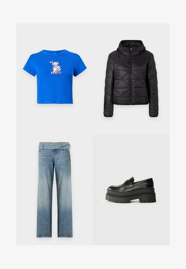 Sort quilted jakke med hætte, der har en frontlynlås og en blød, glat tekstur. Diamantmønster over stoffet.; Blå cropped t-shirt lavet af bomuld, med et frontgrafik af en bjørn og teksten "OH HONEY!" i pink. Korte ærmer og rund halsudskæring.; Lyseblå denim jeans med et vidde-ben design, der har en matchende bælte-linning og en gradvis falmning fra mørk til lys.; Sorte læder loafers med en kraftig platformsål. Rund tå, forkant-søm detalje og subtile syninger. Flad, struktureret ydersål.