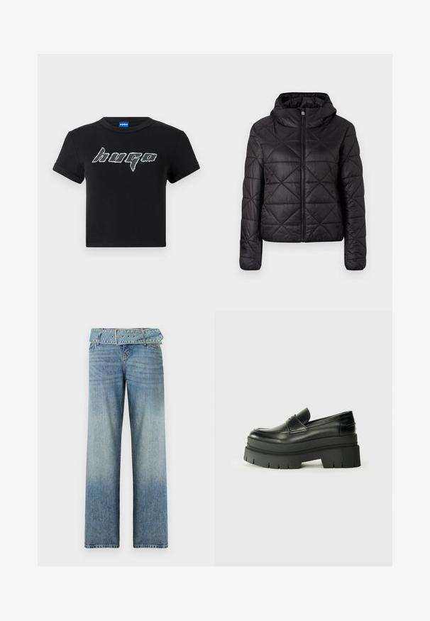 Sort quilted jakke med hætte, der har en frontlynlås og en blød, glat tekstur. Diamantmønster over stoffet.; Sort cropped t-shirt lavet af bomuld, med et stort, stiliseret hvidt "hugo" logo i en grafisk skrift. Korte ærmer og rund halsudskæring.; Lyseblå denim jeans med et vidde-ben design, der har en matchende bælte-linning og en gradvis falmning fra mørk til lys.; Sorte læder loafers med en kraftig platformsål. Rund tå, forkant-søm detalje og subtile syninger. Flad, struktureret ydersål.
