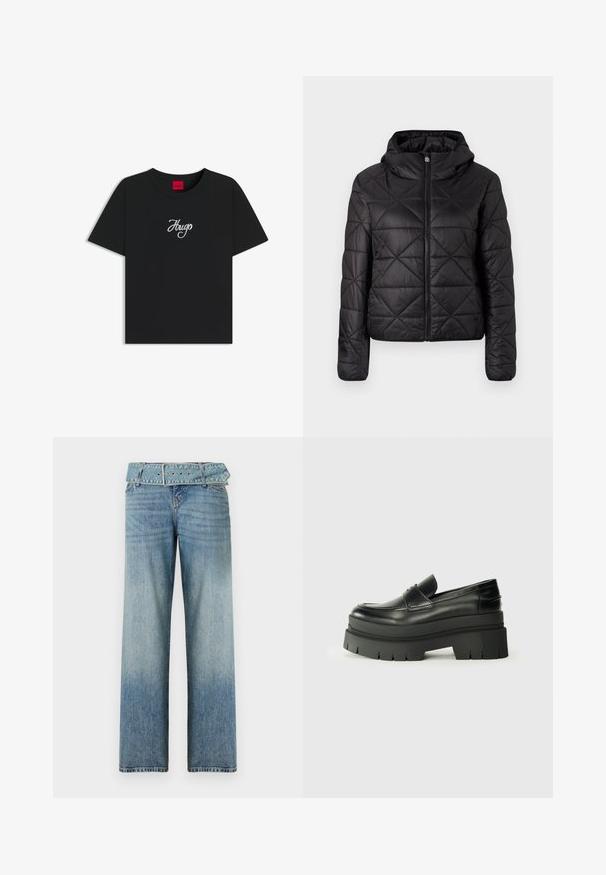 Musta tikkikangas takki hupulla, jossa on edessä vetoketju ja pehmeä, sileä pinta. Timanttikuosi kankaan pinnalla.; Musta puuvillapaita, jossa on pyöreä pääntie ja lyhyet hihat. Merkkilogo "Hugo" valkoisella brodeerauksella rinnassa.; Vaaleansiniset farkut, joissa on leveä lahje, vyötäröllä on samasta kankaasta valmistettu vyö, ja värin vaalennus tummasta vaaleaksi tapahtuu vähitellen.; Musta nahkakengät, joissa on muhkea pohja. Pyöristetty kärki, etusauman yksityiskohtia ja hienovaraisia ompeluaksentteja. Littee, kuvioitu ulkopohja.