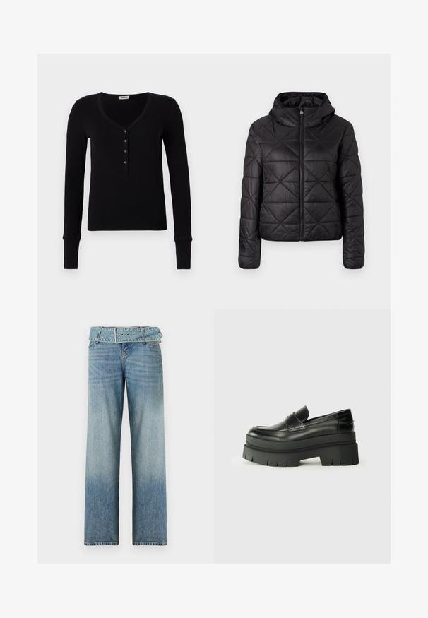 Czarna pikowana kurtka z kapturem, z przednim zamkiem błyskawicznym i miękką, gładką teksturą. Wzór w romby na całej powierzchni materiału.; Czarna koszula z długim rękawem w serek, o prążkowanej fakturze, z pięcioma czarnymi guzikami z przodu. Posiada dopasowane mankiety.; Jasnoniebieskie dżinsy z szerokimi nogawkami, z dopasowanym paskiem w talii i stopniowym przejściem od ciemnego do jasnego odcienia.; Czarne skórzane loafersy z grubą platformą. Okrągły nos, detal szwu z przodu i subtelne akcenty przeszycia. Płaska, teksturowana podeszwa.