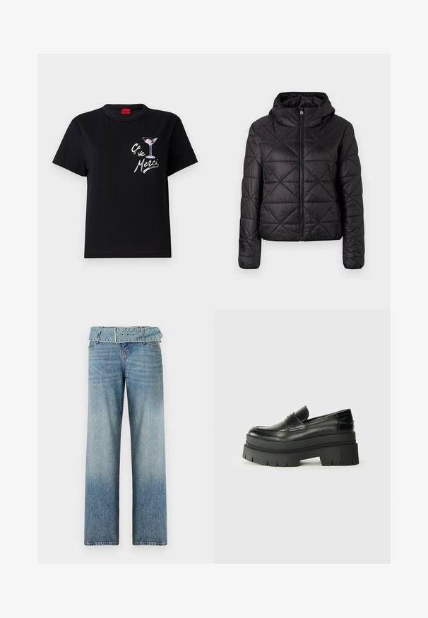 Melnā quiltota jaka ar kapuci, ar priekšējo rāvējslēdzēju un mīkstu, gludu tekstūru. Audumam ir dimantu raksts.; Melna kokvilnas T-kreklā ar īsām piedurknēm, ar baltu un rozā grafiku, kas attēlo martini glāzi, un tekstu "Ça va Merci" jautrā fontā.; Gai zila džinsu bikses ar plašu kāju dizainu, ar saderīgu jostu pie vidukļa un pakāpenisku izbalēšanu no tumšas uz gaišu.; Melnas ādas loafers ar masīvu platformas zoli. Noapaļota purngala forma, priekšējā šuvju detaļa un smalki šuvju akcenti. Plakana, teksturēta zole.