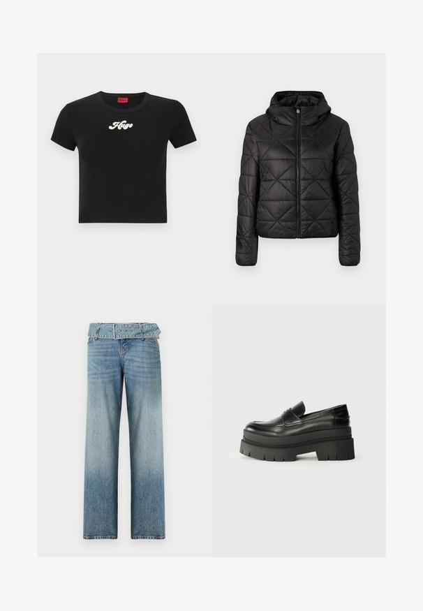 Black quilted jacket with a hood, featuring a front zipper and a soft, smooth texture. Diamond pattern across the fabric.; Black cropped t-shirt made of cotton, featuring a white script logo "Hugo" on the chest and a rounded neckline. Short sleeves.; Light blue denim jeans with a wide-leg design, featuring a matching belted waist and a gradual fade from dark to light.; Black leather loafers with a chunky platform sole. Rounded toe, front seam detail, and subtle stitching accents. Flat, textured outsole.