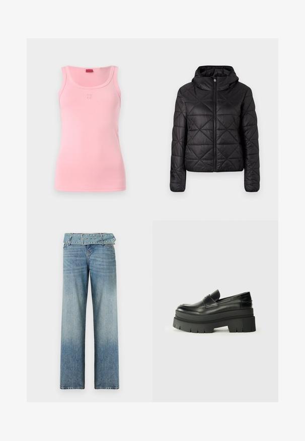 Black quilted jacket with a hood, featuring a front zipper and a soft, smooth texture. Diamond pattern across the fabric.; Pink sleeveless tank top made of soft cotton, featuring a round neckline and a small embroidered "HUGO" logo on the front.; Light blue denim jeans with a wide-leg design, featuring a matching belted waist and a gradual fade from dark to light.; Black leather loafers with a chunky platform sole. Rounded toe, front seam detail, and subtle stitching accents. Flat, textured outsole.