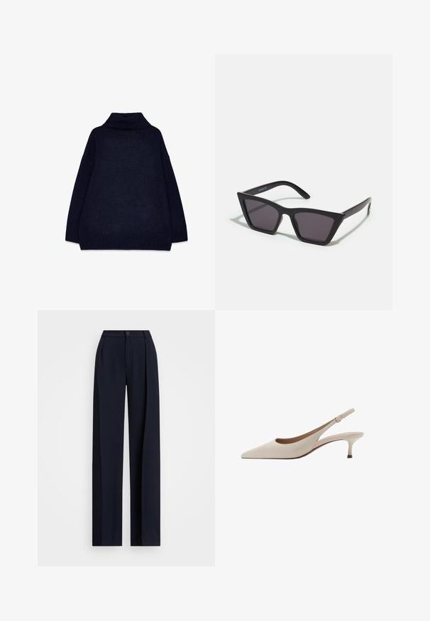 VILA VISOFIE HEAVY MAXI - Trench - navy; Pull en col roulé bleu marine avec une texture côtelée, coupe oversize et épaules tombantes. Tissu lisse avec un col et un ourlet tricotés épais.; Pantalons larges bleu marine avec plis, fermeture par bouton et texture de tissu lisse. Conçus pour un ajustement ample et confortable.; Des escarpins slingback beiges avec un bout pointu et un talon évasé bas. Fabriqués en cuir lisse avec un design minimaliste et une sangle réglable.; Lunettes noires angulaires avec des verres gris ; fabriquées en plastique, avec des branches épaisses à la surface lisse et sans matériel visible.; Sac à main en cuir noir avec une forme arrondie, des détails en métal doré et une fermeture à rabat. Il est doté d'une seule bandoulière réglable.