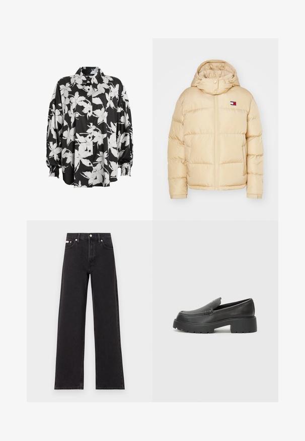 Béžová péřová bunda se zipem vpředu, elastickými manžetami a kapucí. Na hrudi se nachází malá nášivka s logem a červenými, bílými a modrými pruhy.; Černobílá květinová košile na knoflíky s rozšířeným límcem, nařasenými rukávy a hladkou texturou materiálu. Obsahuje velké květinové vzory.; Černé široké jeansy vyrobené z denimu, s vysokým pasem, pěti kapsami a kovovým zapínáním s kontrastním prošíváním.; Černé kožené mokasíny s okrouhlou špičkou, silnou strukturovanou podrážkou a minimálními detaily šití. Elegantní design bez viditelných tkaniček nebo kovových prvků.
