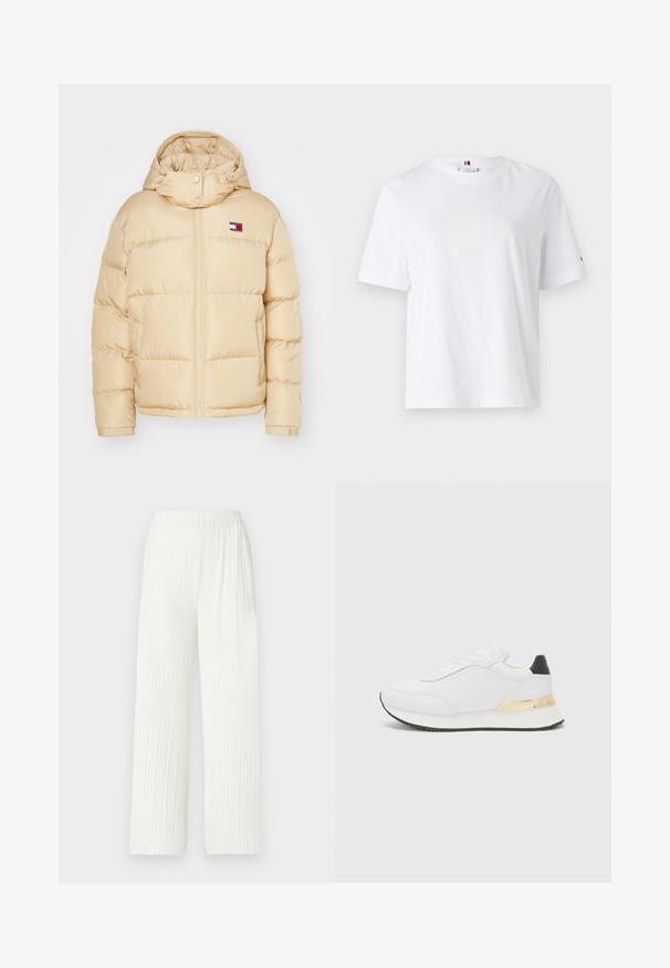 Bežna puffer jakna z zadrgo spredaj, elastični manšeti in kapuco. Ima majhen logotip s rdečimi, belimi in modrimi črtami na prsih.; Bela bombažna majica s krojem, kratkimi rokavi in subtilnim rumenim logotipom z napisom "HILFIGER NEW YORK 1985." Standardna prileganje.; Bele, nabirljive široke hlače z elastičnim pasom. Narejene iz lahkega materiala, imajo vertikalne črte in tekoče prileganje.; Bela tenisa z gladko površino, ki se ponaša z črnimi detajli na peti in zlatim kovinskim dodatkom na srednjem delu podplata. S sistemom vezalk, gumijast podplat.