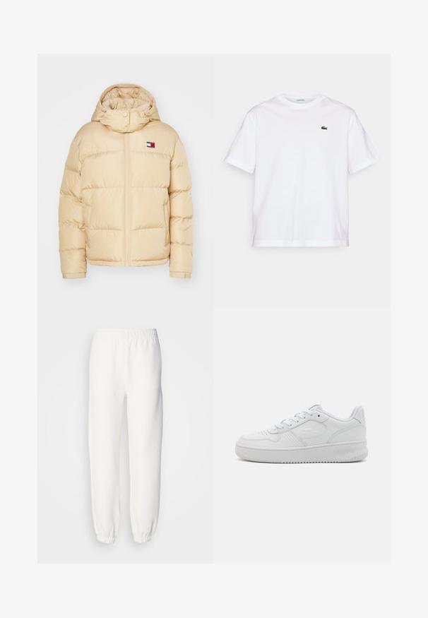 Beige Pufferjacke mit Reißverschluss vorne, elastischen Bündchen und einer Kapuze. Verfügt über ein kleines Logopatch mit rot-weißen und blauen Streifen auf der Brust.; Weißes Baumwoll-T-Shirt mit rundem Halsausschnitt und kurzen Ärmeln. Mit grün gesticktem Logo auf der Brust. Weiche Textur, lässige Passform.; Weiße Sweatpants aus weichem, gestricktem Stoff. Der elastische Bund und die Bündchen sorgen für eine bequeme Passform. Minimalistisches Design, ohne sichtbare Muster oder Akzente.; Weiße Leder-Sneaker mit einem Low-Top-Design, strukturierten Oberflächen, runder Zehenpartie, Belüftungsperforationen und eingeprägtem Logo an der Seite.