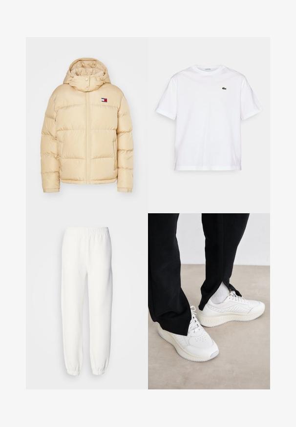 Beige színű pufferen dzseki cipzárral elöl, elasztikus mandzsettákkal és kapucnival. Kicsi logó folt található rajta piros, fehér és kék csíkokkal a mellrészen.; Fehér pamut póló, kerek nyakkivágással és rövid ujjakkal. A mellkason zöld hímzett logóval rendelkezik. Puha tapintású, laza szabású.; Fehér melegítőnadrág puha, kötött anyagból. Rugalmas derékpánt és szegélyek lazán illeszkednek. Minimalista dizájn, látható minták vagy díszítések nélkül.; Fehér sportcipők perforált dizájnnal, lapos fűzőkkel és texturált talppal. Fekete nadrággal és világosszürke zoknival viselve, semleges háttér előtt.