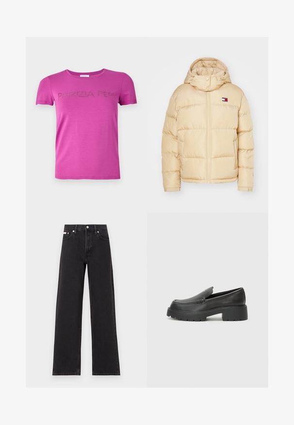 Bežová puffrová bunda so zipsom vpredu, elastickými manžetami a kapucňou. Na hrudi sa nachádza malá nášivka s logom v červených, bielych a modrých pruhoch.; Fuchsiové tričko s krátkym rukávom vyrobené z jemnej tkaniny, s nápisom "PATRIZIA PEPE" z kamienkov na hrudi a s okrúhlym výstrihom.; Čierne široké džínsy vyrobené z denimu, s vysokým pásom, piatimi vreckami a kovovým zapínaním s kontrastným šitím.; Čierne kožené mokasíny s okrúhlou špičkou, hrubou textúrovanou podrážkou a minimom stehovej výzdoby. Štíhly dizajn bez viditeľných šnúr alebo kovania.
