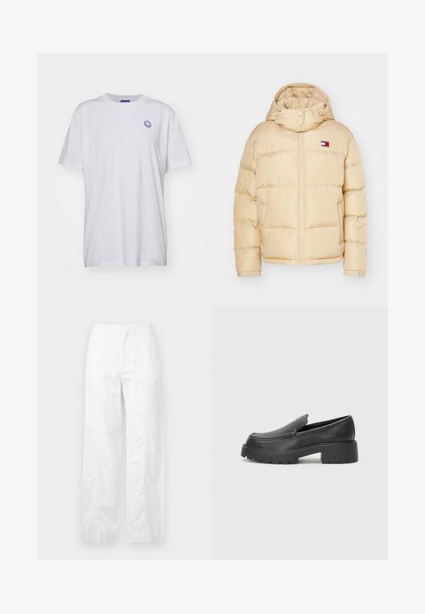 Bežna puffer jakna z zadrgo spredaj, elastični manšeti in kapuco. Ima majhen logotip s rdečimi, belimi in modrimi črtami na prsih.; Bela bombažna majica s kratkimi rokavi, okroglo izrezana, z modrim nasmejanim obrazom na levi prsni strani. Enobarvna tkanina brez vzorcev.; Bela široka hlače iz lahkega materiala, ki se ponašajo z gladko teksturo, čistimi linijami in visokim pasom.; Črne usnjene loafers čevlje z zaobljenim nosom, debelim teksturiranim podplatom in minimalnimi šivi. Elegantna zasnova brez vidnih vezalk ali kovinskih delov.