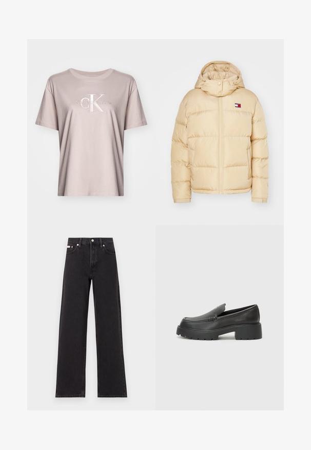 Chaqueta acolchada beige con cierre frontal, puños elásticos y capucha. Presenta un pequeño parche de logo con franjas rojas, blancas y azules en el pecho.; Camiseta de algodón de color beige claro con cuello redondo, mangas cortas y un logotipo bordado de "Calvin Klein Jeans" en colores contrastantes en el frontal.; Jeans anchos de mezclilla negros, con cintura alta, cinco bolsillos y cierre de botón metálico con costuras contrastantes.; Mocasines de piel negra con punta redondeada, suela texturizada gruesa y mínimos detalles de costura. Diseño elegante sin cordones o herrajes visibles.
