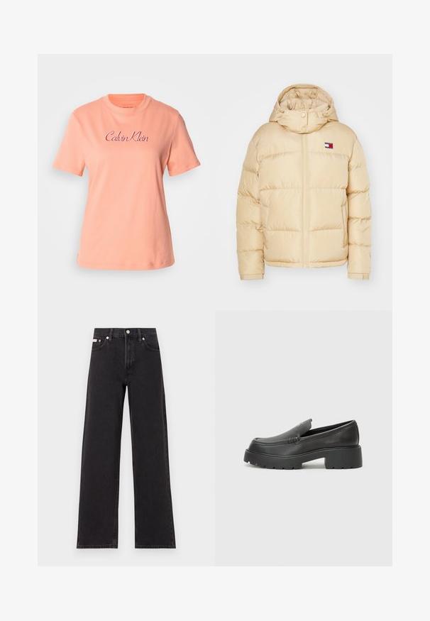 Casaco puffer bege com fecho dianteiro, punhos elásticos e capuz. Apresenta um pequeno emblema com riscas vermelhas, brancas e azuis no peito.; T-shirt de algodão pêssego com mangas curtas, decote redondo e logótipo bordado "Calvin Klein" em rosa. Textura suave e ajuste casual.; Jeans de perna larga pretos feitos de denim, apresentando uma cintura alta, estilo de cinco bolsos e um fecho em botão de metal com costura contrastante.; Mocassins de couro preto com bico arredondado, sola espessa e texturizada, e detalhes de costura minimalistas. Design elegante sem atacadores ou ferragens visíveis.