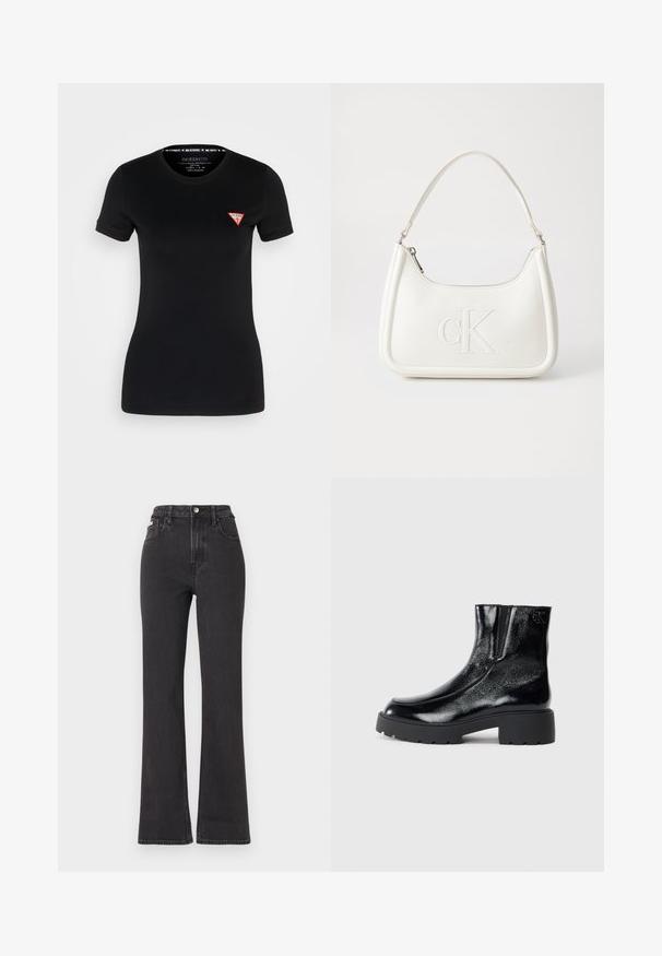 Beżowa kurtka puchowa z zamkiem z przodu, elastycznymi mankietami i kapturem. Posiada małą naszywkę z logo w czerwone, białe i niebieskie pasy na klatce piersiowej.; Czarny t-shirt z krótkim rękawem wykonany z bawełny, z małym czerwonym trójkątnym logo na lewej piersi i standardowym okrągłym dekoltem.; Czarne jeansy z wysokim stanem i rozszerzanym dołem, wykonane z denimu, z zapięciem na guzik, szlufkami na pasek oraz kieszeniami bocznymi. Gładka faktura z minimalnym przetarciem.; Czarne botki sięgające kostki o błyszczące wykończenie z lakierowanej skóry, masywna czarna gumowa podeszwa i podwyższony obcas; zawierają subtelny detal z logo z boku.; Biała skórzana torebka o zaokrąglonym kształcie, z wytłoczonym logo "CK" z przodu i pojedynczym paskiem na ramię. Zapięcie na zamek z góry.