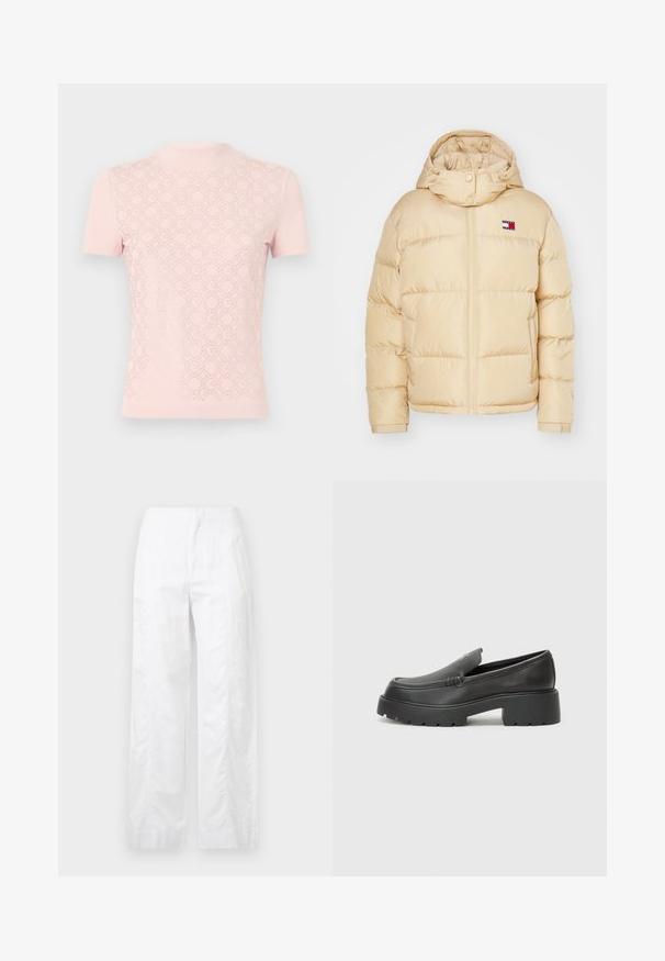 Beige puffer jacket with a zip front, elastic cuffs, and a hood. Features a small logo patch with red, white, and blue stripes on the chest.; Light pink short-sleeve top with a high collar, featuring a geometric lace-like pattern across the front and smooth fabric on the sleeves.; White wide-leg trousers made of lightweight fabric, featuring a smooth texture, clean lines, and a high waist design.; Black leather loafers with a rounded toe, thick textured sole, and minimal stitching details. Sleek design with no visible laces or hardware.