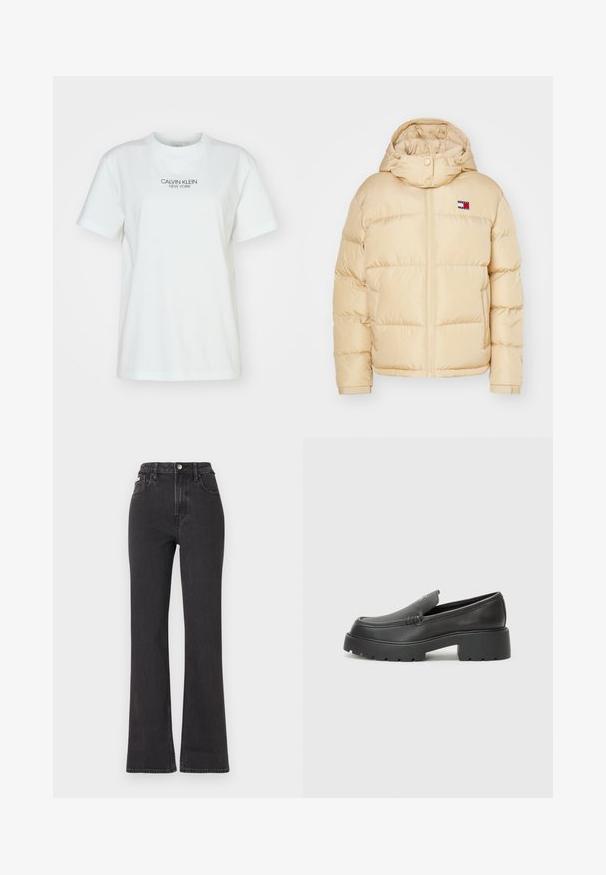 Beige pufferjack met een rits aan de voorkant, elastische manchetten en een capuchon. Heeft een klein logo-opnieuw met rode, witte en blauwe strepen op de borst.; Calvin Klein NEW YORK - T-shirt print - bright white; Zwarte hoge taille flared jeans van denim, met een knoopsluiting, riemlussen en zijzakken. Gladde textuur met minimale vervaging.; Zwarte leren instappers met een ronde neus, dikke getextureerde zool en minimale stikseldetails. Strak ontwerp zonder zichtbare veters of hardware.