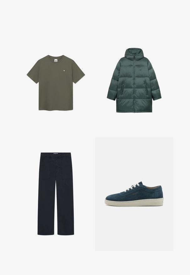 Tamnozeleni dugi zimski kaput s kapuljačom, prednjim zatvaračem, dva bočna džepa i malim izvezenim logom na prsima.; Jednostavna maslinasto zelena majica kratkih rukava s okruglim izrezom i malim bijelim kružnim logotipom "W" na lijevoj strani prsnog koša.; DOUBLE A BY W.W. HEINO - Traperice opuštenog kroja - salute; Plave sneakersice od umjetne kože s okruglim vrhom, bijelim vezicama i gumenom potplatom. Imaju suptilno šivanje i brandiranu oznaku sa strane.