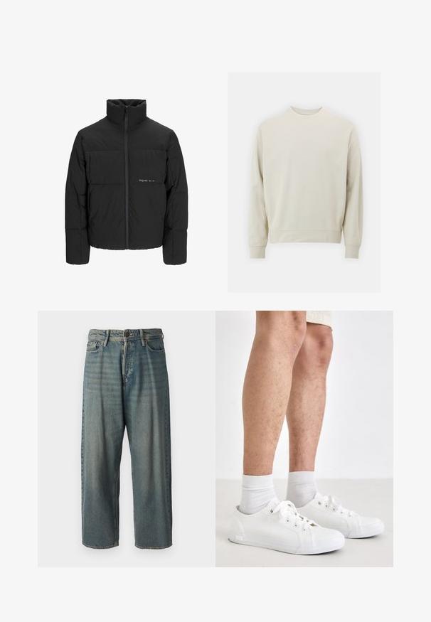 Black puffer jacket featuring a high collar, front zip closure, and quilted design. Smooth fabric with a subtle logo on the chest.; Light beige sweatshirt made of soft fabric with a crew neck, long sleeves, and ribbed cuffs and hem. Minimalist design, no visible patterns.; Light blue denim jeans with a loose fit, mid-rise waist, and straight legs. Features five pockets, belt loops, and a button closure.; White canvas sneakers with rubber soles, featuring round laces and eyelets, paired with white socks. Legs partially visible, standing on a light surface.