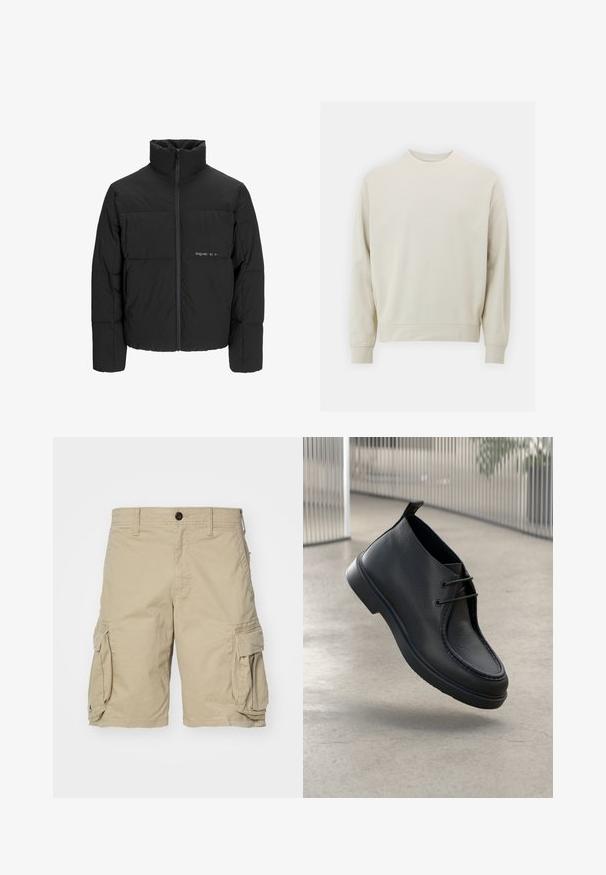 Crna puffer jakna s visokim ovratnikom, prednjim zatvaračem i kviltanim dizajnom. Glatka tkanina s suptilnim logotipom na prsima.; Svijetlosmeđa majica s dugim rukavima izrađena od mekanog materijala, s okruglim izrezom i rebrastim manžetama i rubom. Minimalistički dizajn, bez vidljivih uzoraka.; Bež korte hlače od pamučnog materijala, s bočnim džepovima, zatvaranjem na dugme i ravnim krojem. Glatka tekstura.; Crne kožne cipele sa glatkom teksturom, zaobljenim vrhom i dizajnom na vezanje; imaju nisku petu i stražnju ručku za lakše obuvanje.
