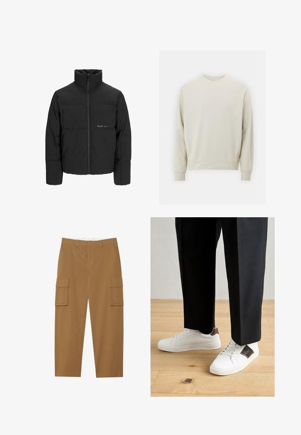 Schwarze Pufferjacke mit hohem Kragen, Front-Reißverschluss und gestepptem Design. Glattes Material mit dezentem Logo auf der Brust.; Helles beiges Sweatshirt aus weichem Stoff mit Rundhalsausschnitt, langen Ärmeln und gerippten Bündchen und Saum. Minimalistisches Design, keine sichtbaren Muster.; Braune Cargo-Hosen mit zwei Seitentaschen, flachem Vorderteil und geradem Beinansatz. Hergestellt aus einem strapazierfähigen Stoff mit glatter Textur.; Weiße Sneakers mit glatter Textur, versehen mit braunen Lederakzenten und schwarzen Details, kombiniert mit schwarzen maßgeschneiderten Hosen. Hintergrund aus Holzboden.