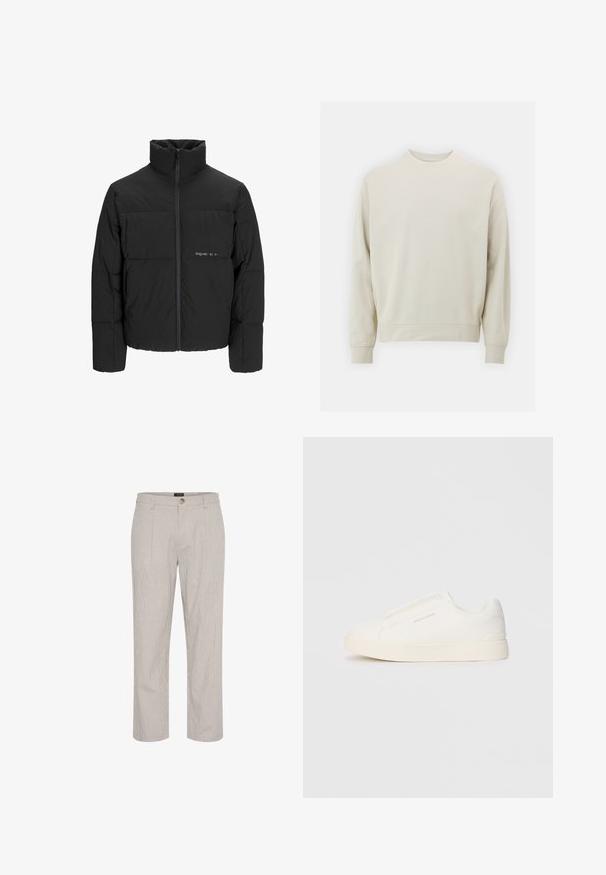 Juodas pūkinis švarkas su aukštu apykakle, priekiniais užtrauktukais ir kvadratinės siuvimo dizainu. Lygus audinys su subtiliu logotipu krūtinėje.; Šviesiai smėlinis džemperis, pagamintas iš minkštos medžiagos, su apvaliu kaklu, ilgomis rankovėmis, ir rebrastu rankogaliu bei apatine dalimi. Minimalistinis dizainas, be matomų raštų.; Šviesiai pilki dryžuoti kelnių, tiesaus kirpimo, su vienu mygtuku užsegimu juosmens srityje ir dviem priekinėmis kišenėmis. Lygi tekstūra.; Baltos slip-on sportbačiai su tekstūruota paviršiumi, storesniu padu ir minimalistišku dizainu. Šone matosi prekės ženklo logotipas.