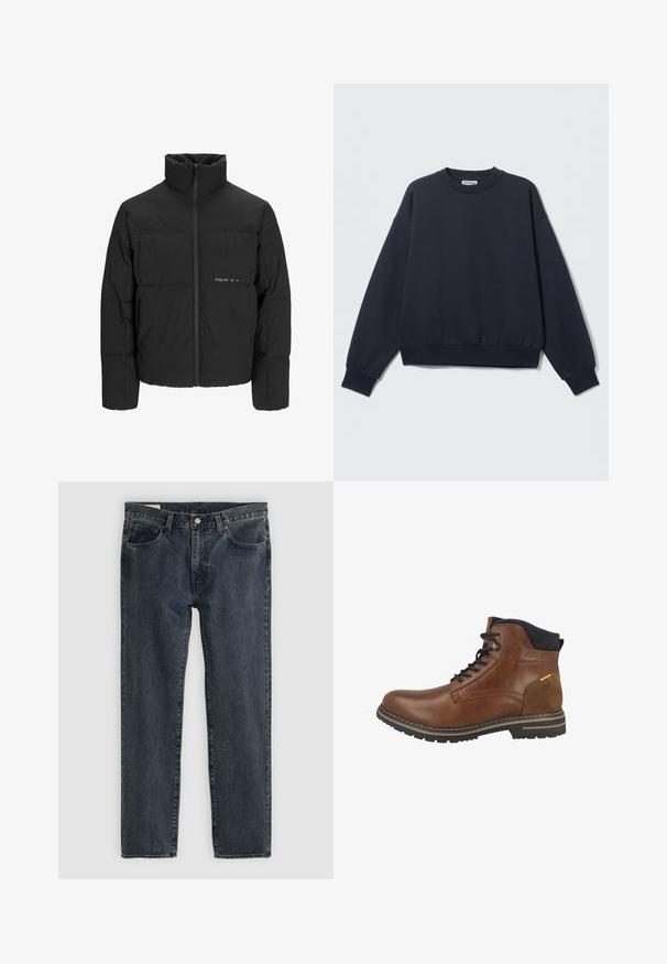 Schwarze Pufferjacke mit hohem Kragen, Front-Reißverschluss und gestepptem Design. Glattes Material mit dezentem Logo auf der Brust.; Dunkelblaues Sweatshirt aus Baumwollmischung mit Rundhalsausschnitt, überschnittenen Schultern, gerippten Bündchen und elastischem Saum. Minimalistisches Design.; Dunkelblaue Jeans aus Denim mit geradem Bein, fünf Taschen und einem Knopfverschluss. Der Stoff weist eine subtile Ausbleichung und Textur auf.; Braune Leder-Ankle-Boots mit einem Wildlederakzent, textiler Kragen, Schnürsenkeln und einer Gummisohle, die ein Profilmuster für Grip aufweist.