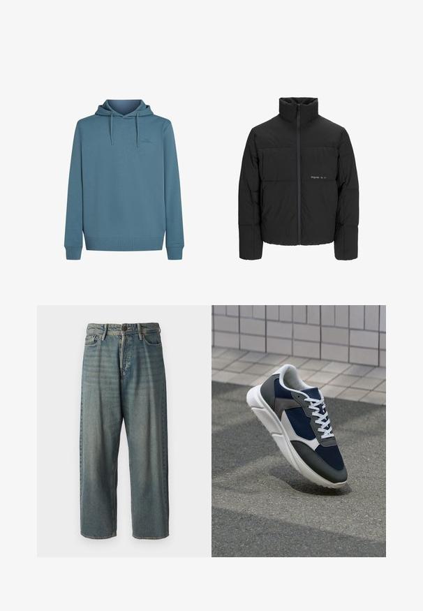 Mustra musta puffer-jakk, millel on kõrge krae, eesne tõmblukku ja tikandiga disain. Sile kangas, millel on rindkeres diskreetne logo.; Kapuutsiga dressipluus pehmest, tekstuurses sinises kangas. Omab nööridega kapuutsi, esi-taskut ja väikest logo rinnal.; Heledad sinine denim-stiilis teksad, volüümse lõike, keskmise kõrgusega talje ja sirgete säärega. Omab viit taskut, vöökumme ja nööpide sulgemist.; Sneaker, mille sinine võrkkangas, hallid nubukdetailid, valge kummitald ja lamedad valged paelad, disainitud mugavuseks ja hingavuseks.