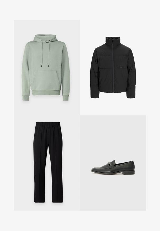 Sort dunjakke med høj krave, frontlynlås og quiltet design. Glat materiale med en diskret logo på brystet.; Jack & Jones JJEBRADLEY - Hættetrøje - iceberg green; Sorte bukser med elastisk talje og lige ben, der har en glat tekstur og ingen synlige mønstre eller hardware.; Sorte læder loafers med en glat finish, der har et syet design og et dekorativt metal kædeaccent hen over vamps. Flad hæl.