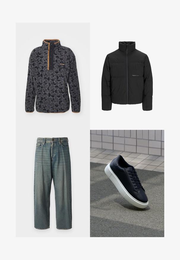 Crna puffer jakna s visokim ovratnikom, prednjim zatvaračem i kviltanim dizajnom. Glatka tkanina s suptilnim logotipom na prsima.; Columbia HELVETIA - Vesta od flisa - black retroscape; Svijetloplave traperice s širokim krojem, srednjim pojasom i ravnim nogavicama. Ima pet džepova, petlje za remen i kopčanje na gumb.; Crne kožne tenisice s zaobljenim vrhom i bijelim gumiranim potplatom. Imaju ravne vezice i minimalno šivanje na gornjem dijelu. Teksturirani potplat za bolje prianjanje.