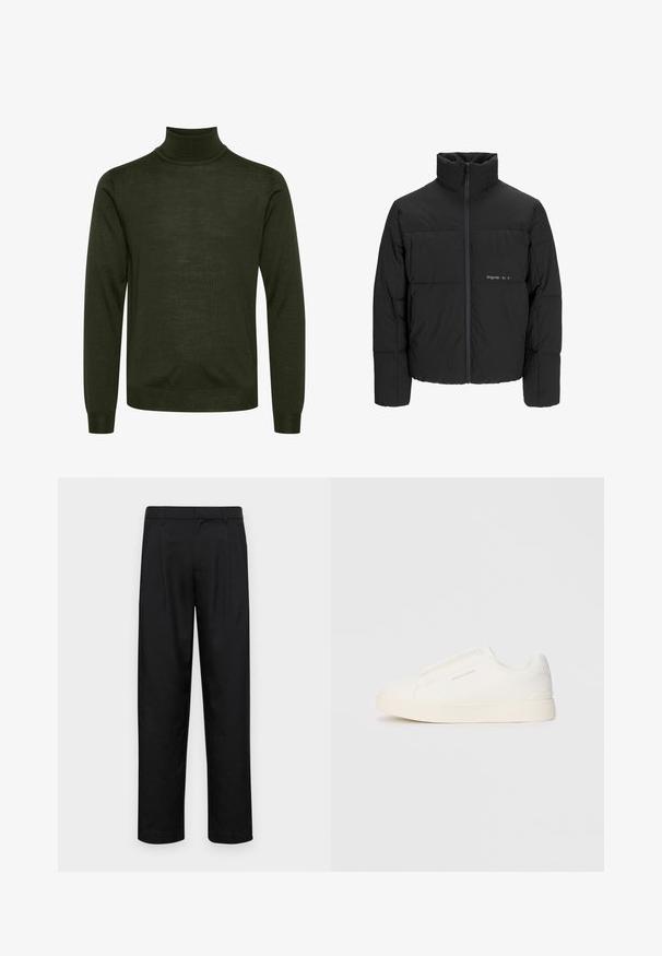 Sort dunjakke med høj krave, frontlynlås og quiltet design. Glat materiale med en diskret logo på brystet.; Mørkegrøn langærmet turtleneck trøje med ribbede manchetter og talje, der har en glat strikoverflade.; Sorte bukser lavet af glat stof, med et lige ben-design, to frontfolder og en standard talje med bæltestropper.; Hvide slip-on sneakers med en struktureret overflade, en tyk sål og et minimalistisk design. Har brandlogoet på siden.