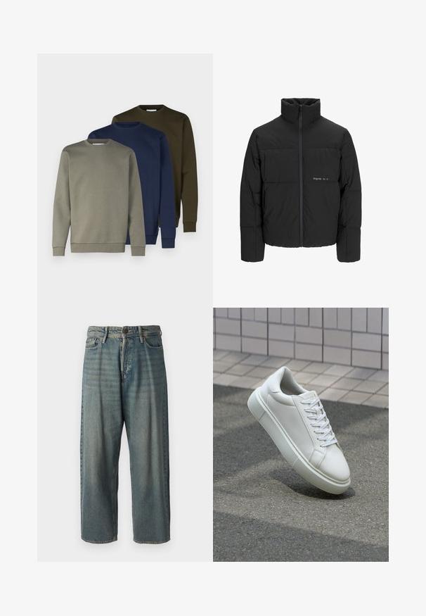 Melnā pūka jaka ar augstu apkakli, priekšējo rāvējslēdzēju un quilted dizainu. Gluda auduma virsma ar maigu logotipu uz krūšu daļas.; Trīs crewneck džemperi olīvu zaļā, jūras zilā un gaiši pelēkā krāsā. Kokvilnas materiāls ar elastīgām aprocēm un apakšmalu. Gluda tekstūra, vienkāršs dizains.; Gaiši zili džinsi ar brīvu piegriezumu, vidējo jostas augstumu un taisnām kājām. Satur piecas kabatas, jostas cilpas un pogu aizdari.; Baltas ādas sporta apavi ar gludu virsmu, apaļu pirkstu un plakanām baltām šņorēm. Iezīmējas ar strukturētu gumijas zoli un minimālisma dizaina elementiem.