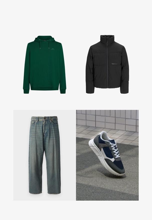 Črni pufast plašč z visokim ovratnikom, sprednjim zadrgo in prešitjem. Gladka tkanina z diskretnim logotipom na prsih.; Zelena kapuca iz mehkega materiala, ki ima sprednji žep v kanguru, nastavljivo kapuco s vrvico ter rebrastim manšetama in robom. Diskretna logotipna podrobnost na prsih.; Svetlomoderne kavbojke z ohlapnim krojem, srednjim pasom in ravnimi nogami. Imajo pet žepov, zanke za pas in zapiranje na gumb.; Superge z zgornjim delom iz mrežaste tkanine v mornarsko modri barvi, sivi usnjeni poudarki, belo gumijasto podplato in ravnimi belimi vezalkami, zasnovane za udobje in zračnost.