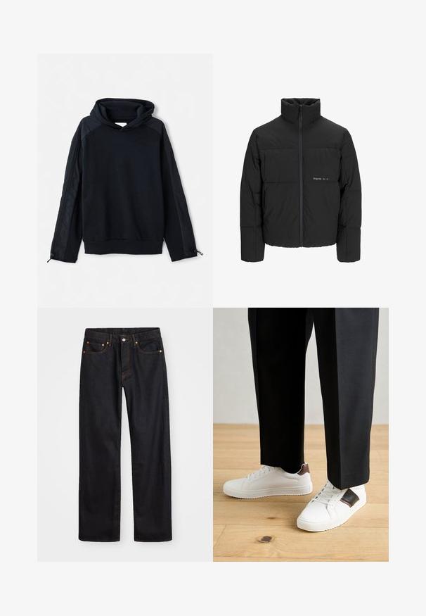Černá péřová bunda s vysokým límcem, předním zipem a prošívaným designem. Hladká tkanina se subtilním logem na hrudi.; Pier One Mikina - black; Pánské černé džíny rovného střihu s pěti kapsami a oranžovým prošíváním, s knoflíkem a zipem na předním pásku.; Bílé tenisky s hladkým povrchem, s hnědými koženými akcenty a černými detaily, kombinované s černými kalhotami na míru. Pozadí tvoří dřevěná podlaha.