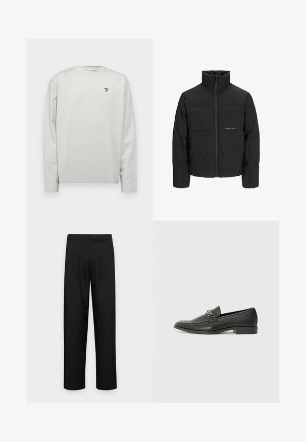 Svart boblejakke med høy krage, frontåpning med glidelås og kviltet design. Glatt stoff med en subtil logo på brystet.; Lys grå langermet skjorte med rund hals, med strukturert stoff og en liten marineblå logo på venstre bryst.; Sorte bukser laget av glatt stoff, med rette ben, to frontfoldninger og standard liv med beltehemper.; Sorte skinnloafers med en glatt finish, og med en sydd design og en dekorativ metallkjedeakcent over foten. Flat hæl.