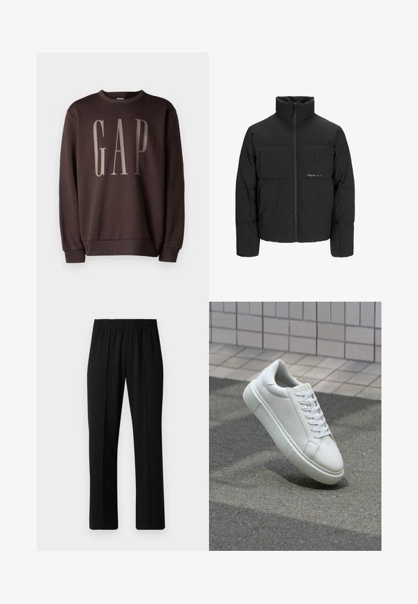 Svart puffjacka med hög krage, främre dragkedjestängning och quiltat mönster. Slätt tyg med en subtil logotyp på bröstet.; GAP Sweatshirt - terra brown; Svart, elastisk midja byxor med raka ben, med en mjuk yta och utan synliga mönster eller metalldetaljer.; Vit lädersneaker med en slät yta, rund tå och platta vita snören. Har en texturerad gummisula och minimalistiska designelement.
